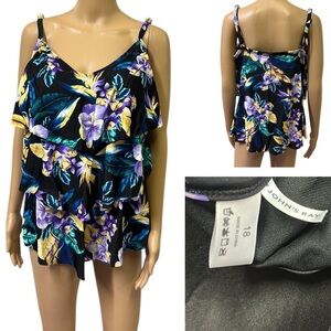 St Johns Bay Black Purple Floral Print Tiered Tankini Swimsuit Top Plus Size 18